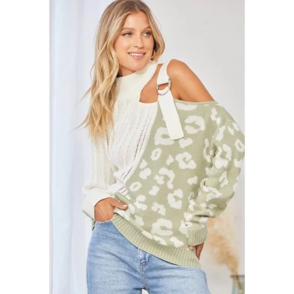 SOLD OUT Sage Leopard Print Cable Knit Long Sleeve Cold Shoulder Buckle Sweater - Picture 2 of 6